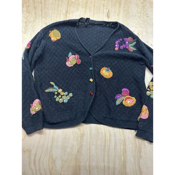 Carole Little Knitwear Womens M Cardigan Sweater Multicolor Embroidered Fall VTG - Picture 1 of 7